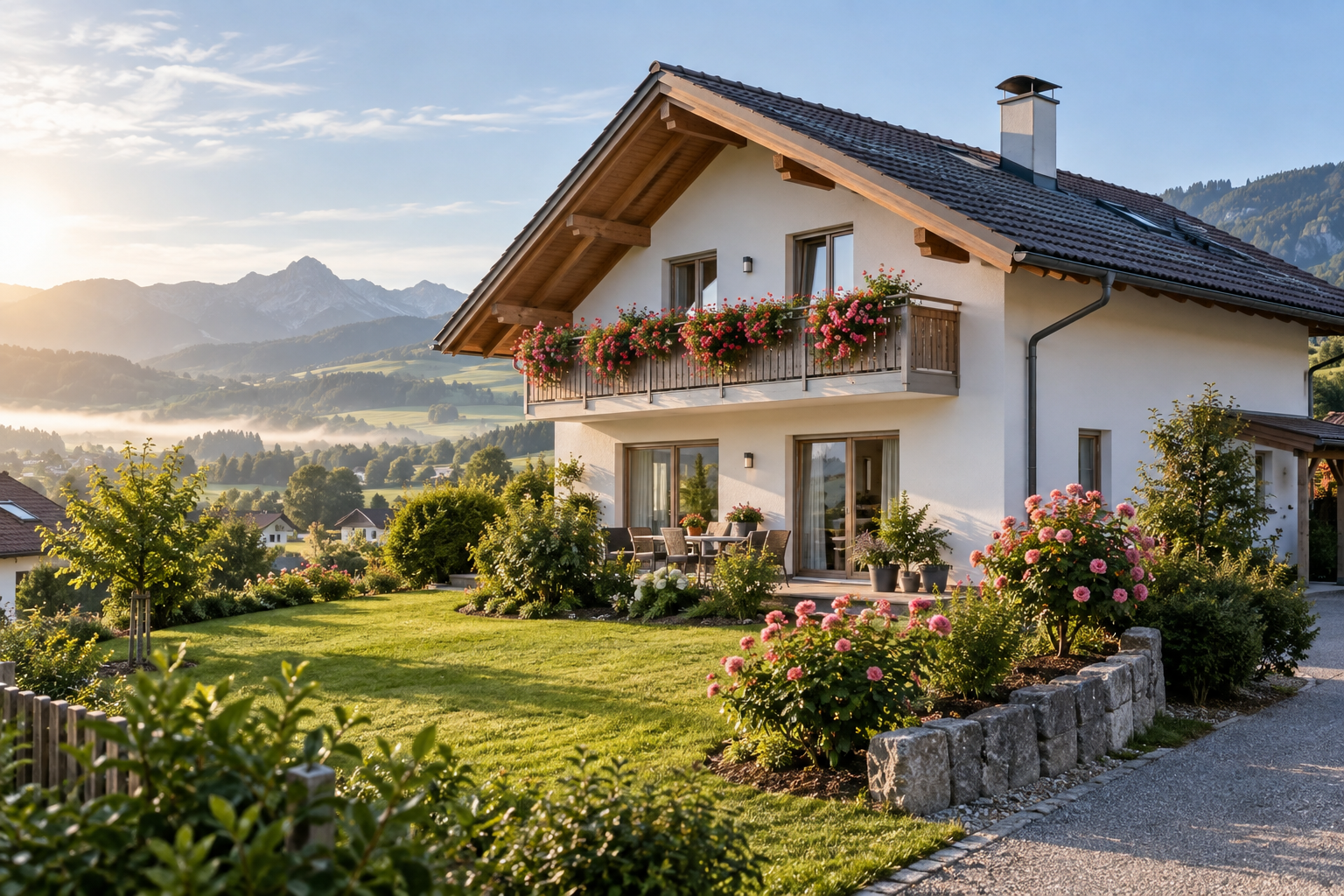 Wohnhaus mit Balkon und Garten im Alpenvorland