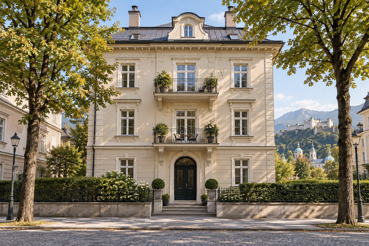 Helles österreichisches Stadthaus mit Balkonen und Bäumen