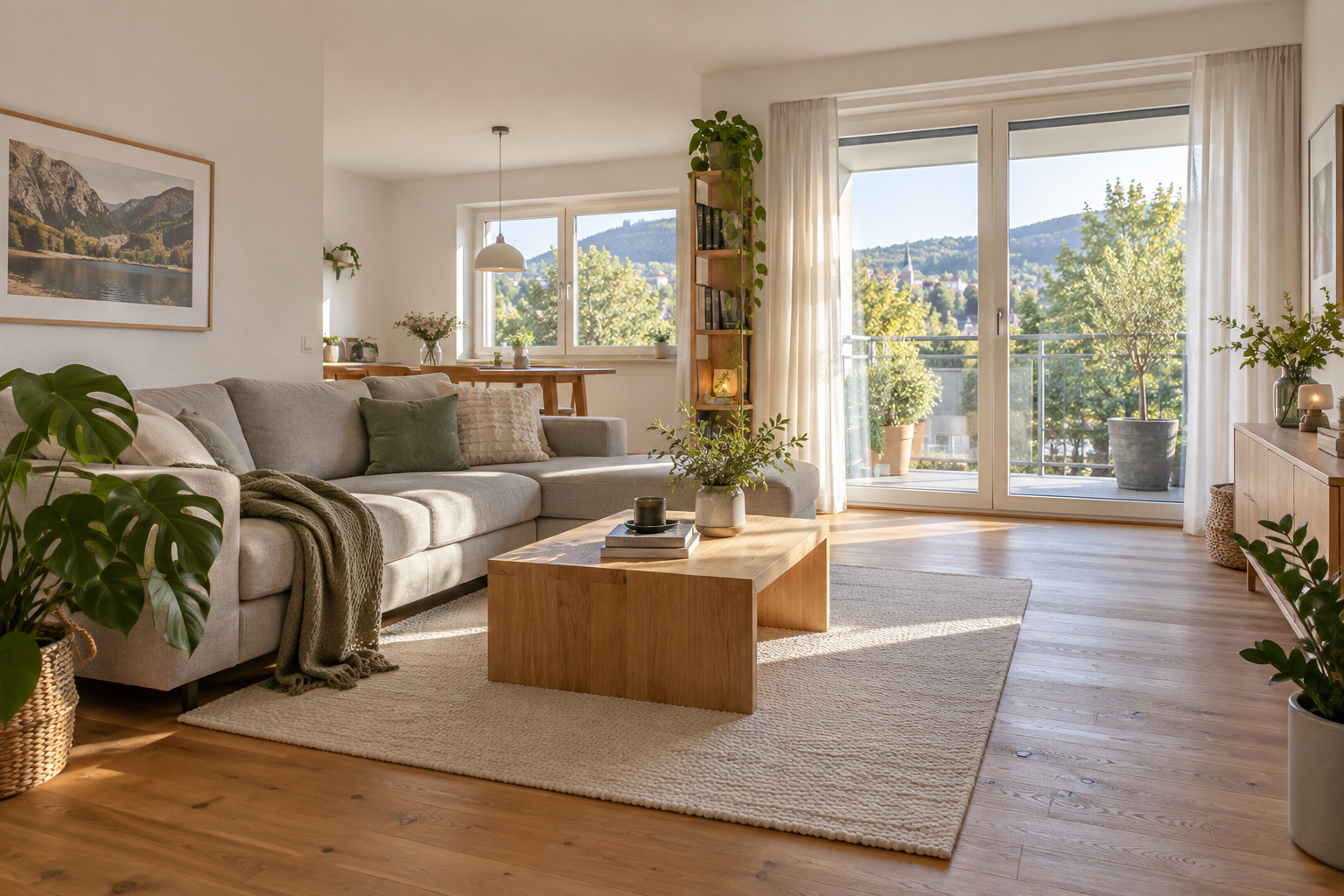 Freundlicher Wohnraum mit Sofa, Holztisch und großen Fenstern